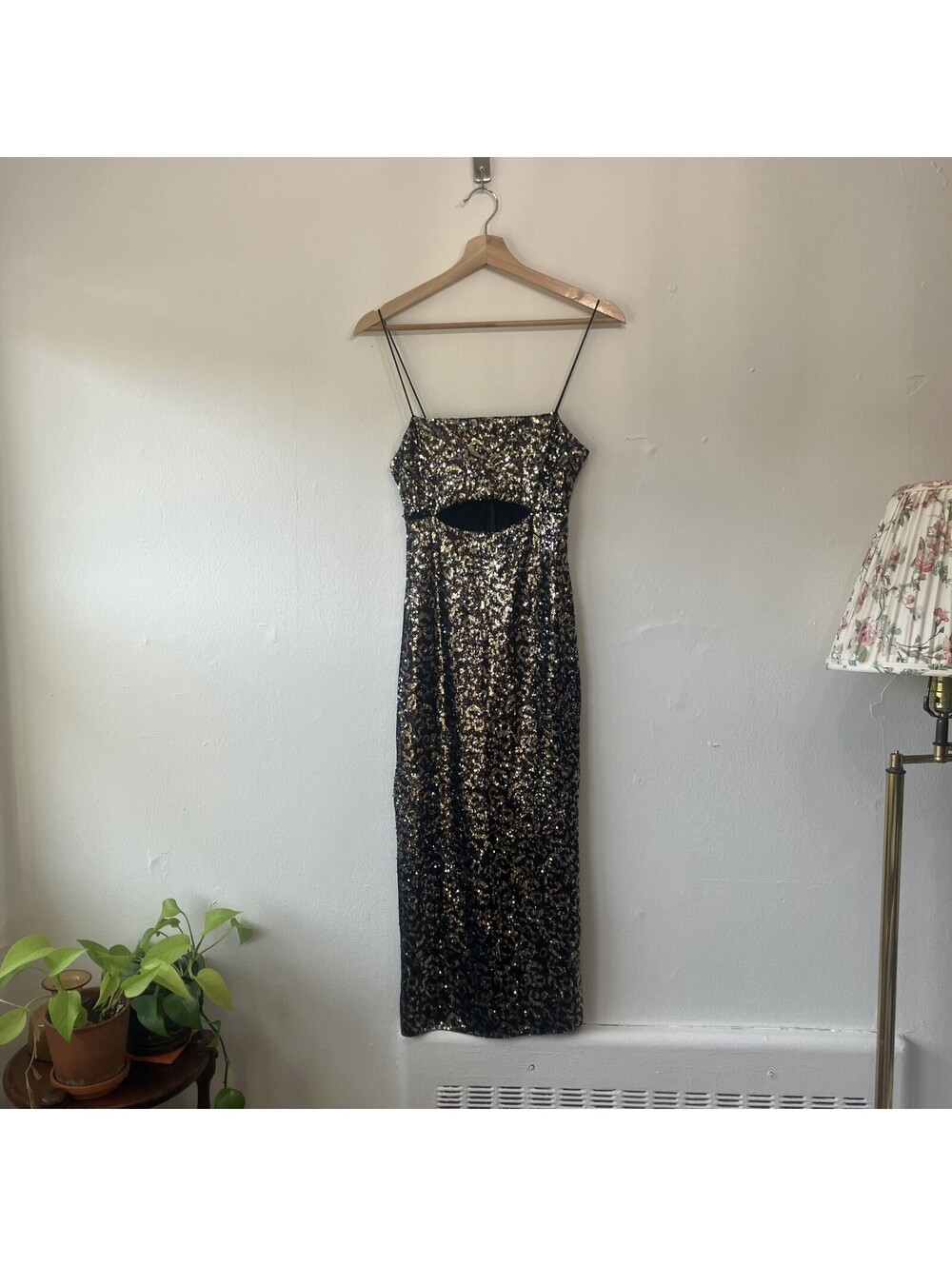 Cheetah Print Sequin Midi Cocktail Dress Cutout Slit Glam New Years Eve Medium